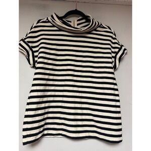 Anthropologie Postmark Striped Top Womens Small Black White Good Funnel Neck Zip